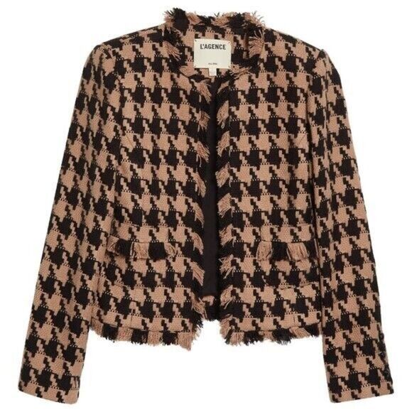 NWT L'AGENCE Angelina Houndstooth Open Front Blazer in Cappuccino Black Brown - Picture 5 of 16